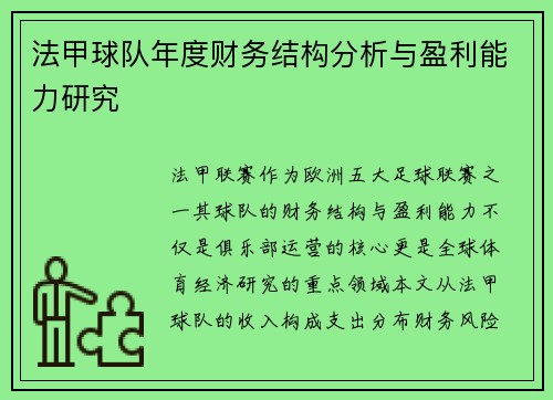 法甲球队年度财务结构分析与盈利能力研究
