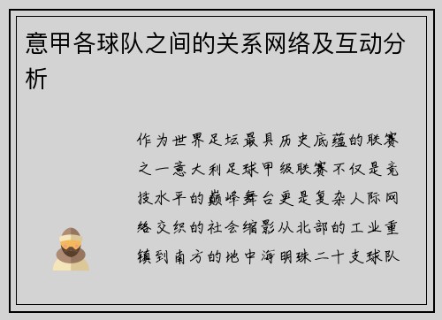 意甲各球队之间的关系网络及互动分析